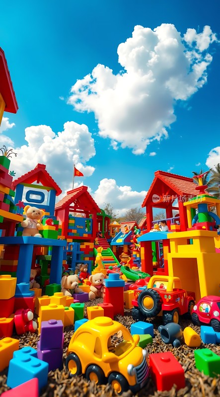蓝天白云下的彩色儿童乐园