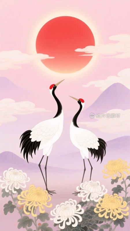 双鹤朝阳插画