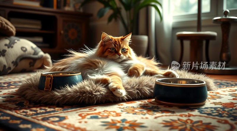 阳光下的橘猫与美食碗