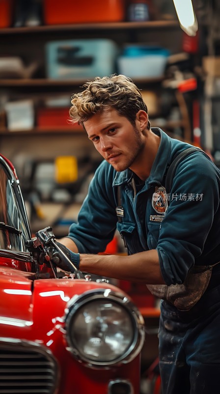 修车工专注检查红色汽车