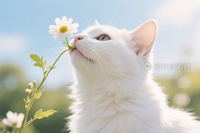 白猫嗅雏菊画面