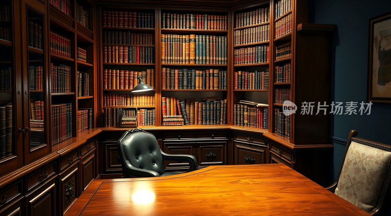 书房一角书架、桌椅与灯光营造温馨氛围