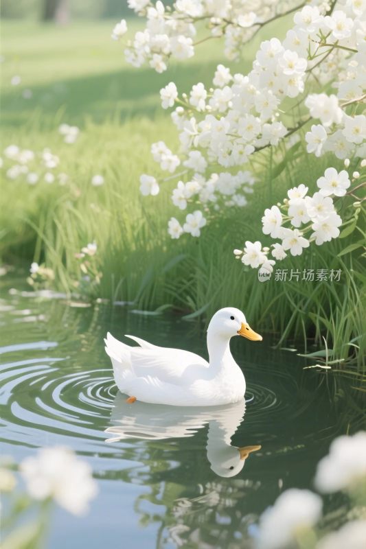 白鸭游弋花畔水域