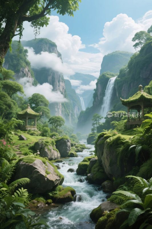 山水古亭风景插画