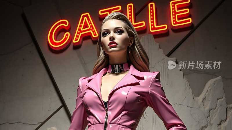 粉色皮衣女模特展示