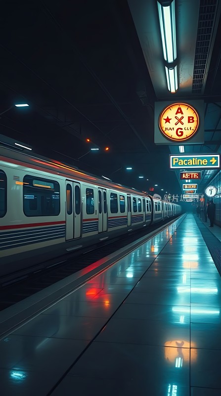 夜幕下的站台灯火通明的列车