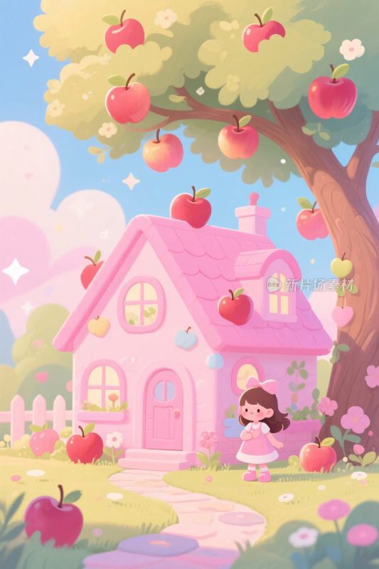 童话粉色小屋苹果树场景