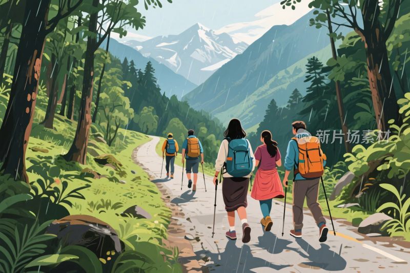 山林徒步团队插画