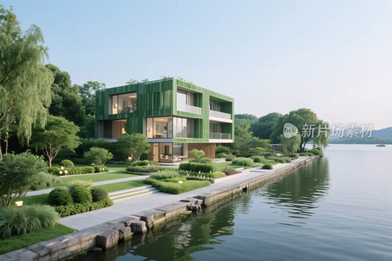 水边的绿色住宅效果图