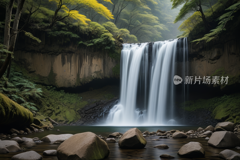 森林中央一座瀑布里面有岩石高清图片