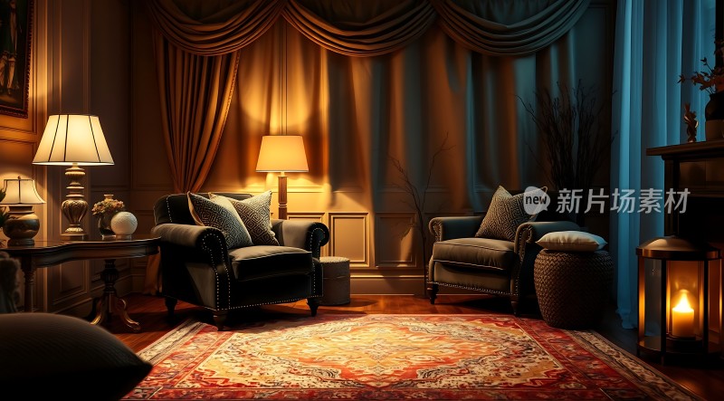 温馨客厅舒适沙发与地毯灯光营造浪漫氛围