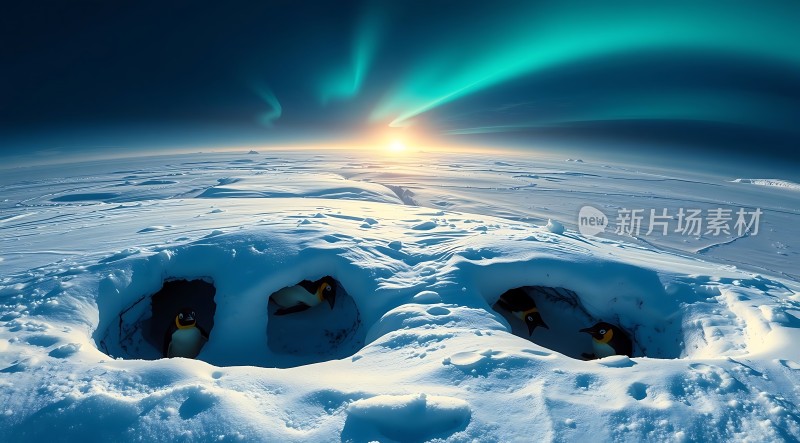 南极企鹅探出头极光映照雪原上