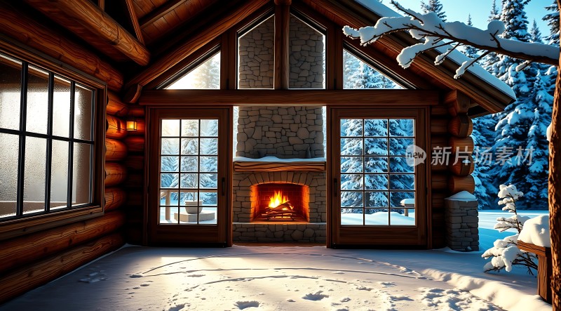 冬日暖炉小木屋