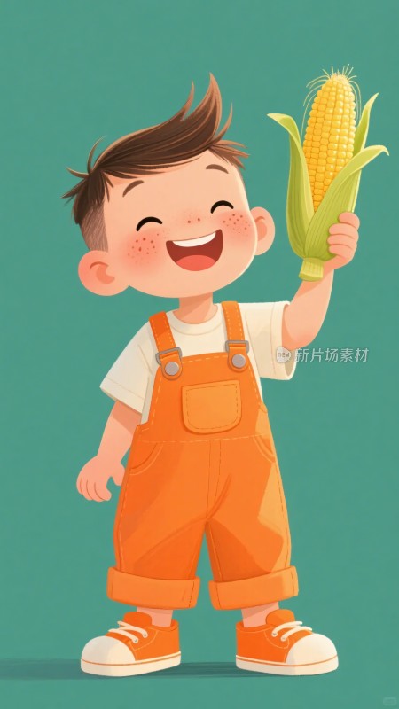 手持玉米的开心小男孩