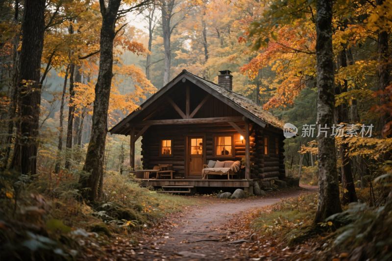 秋日林间的温馨小木屋