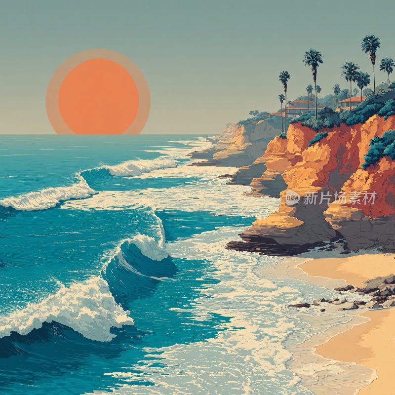 海边日落风景插画