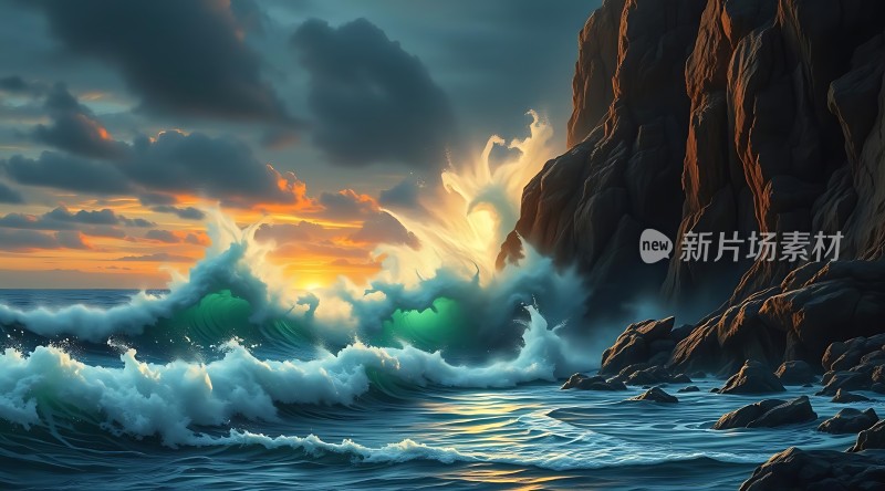 日落时分的悬崖峭壁与海浪