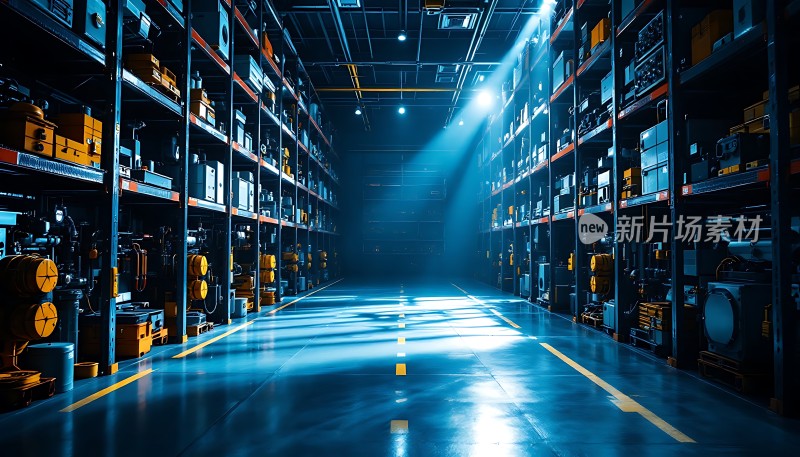 仓库深处光影交错机械零件整齐排列