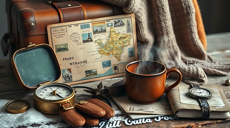 旅行时光复古指南针、地图与咖啡