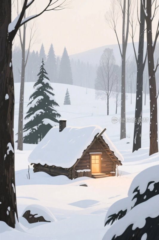 雪景木屋冬日插画