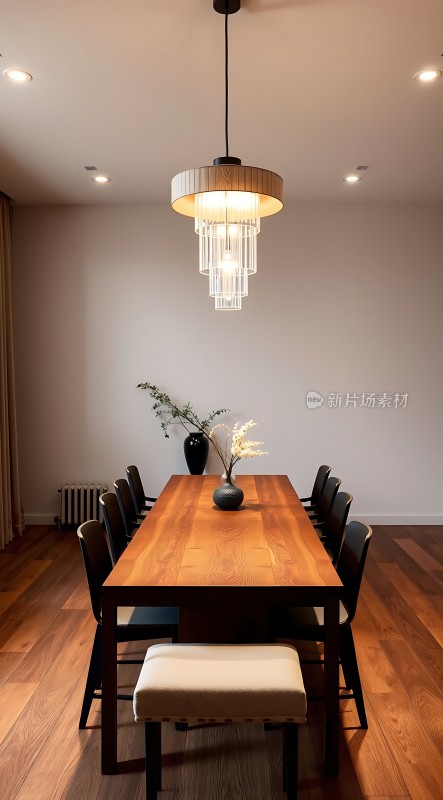 现代餐厅设计木质餐桌椅与吊灯营造温馨氛围