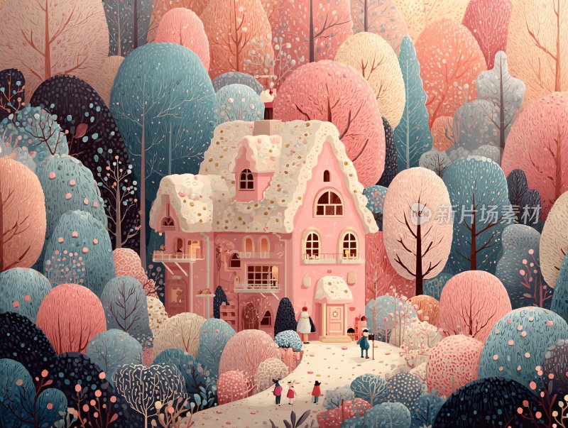 梦幻森林中的粉色童话小屋