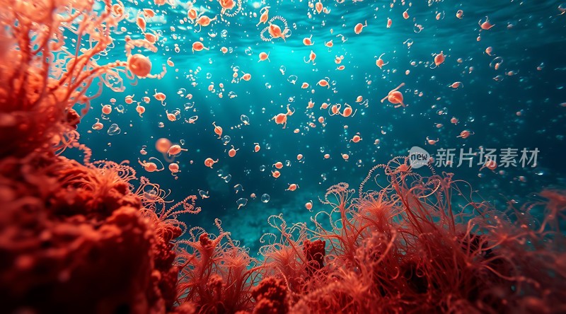 海底世界奇观红色珊瑚与透明小鱼共舞
