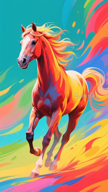 奔跑的彩色骏马插画