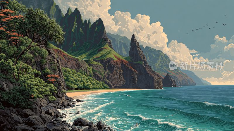 海边壮丽山景自然风光