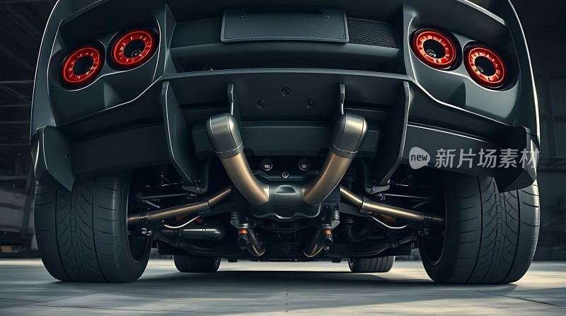 黑色跑车尾部特写红色尾灯和双排气管设计