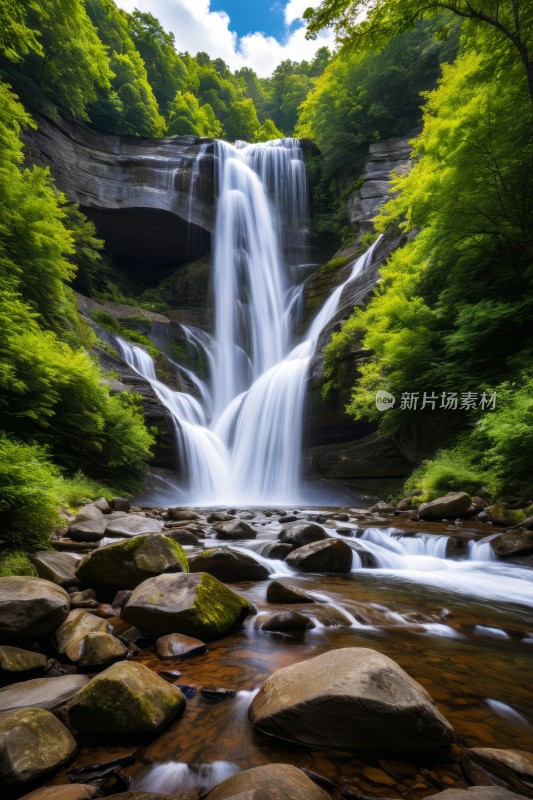 一个瀑布从山边流下来高清风景图片