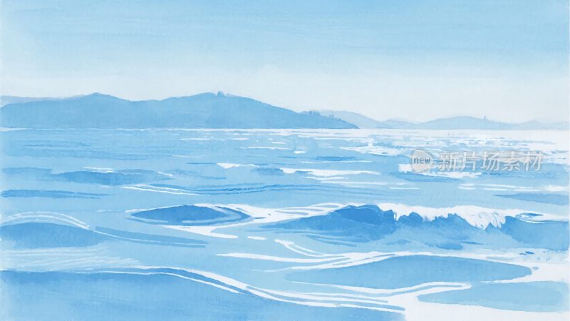 蓝色海洋与远山风景插画