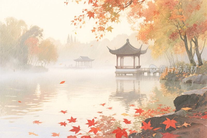 秋景山水古亭图