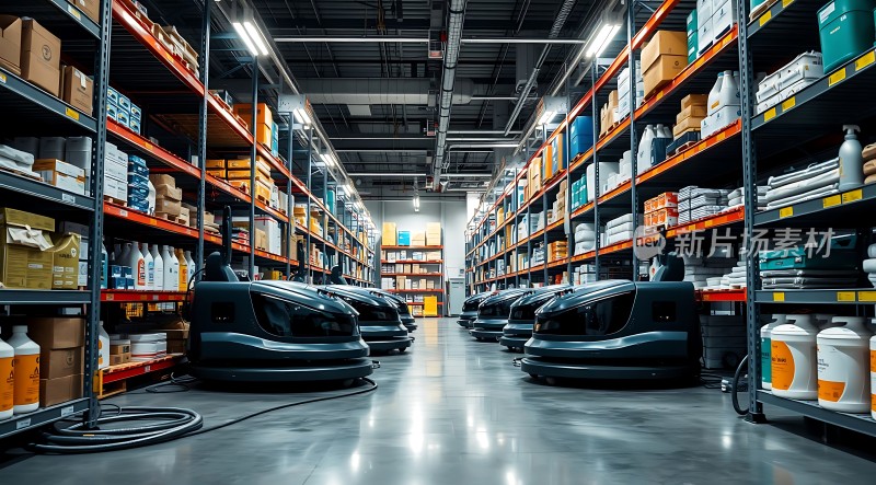 仓库清洁设备整齐排列货架琳琅满目