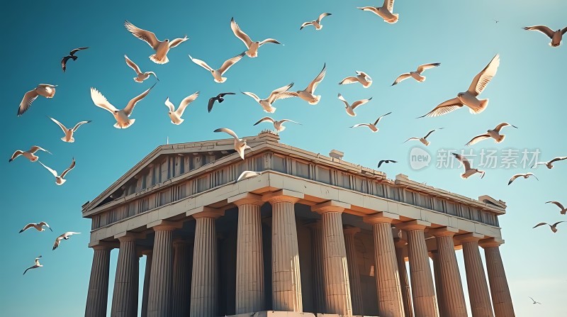 飞翔的海鸥与古希腊神庙