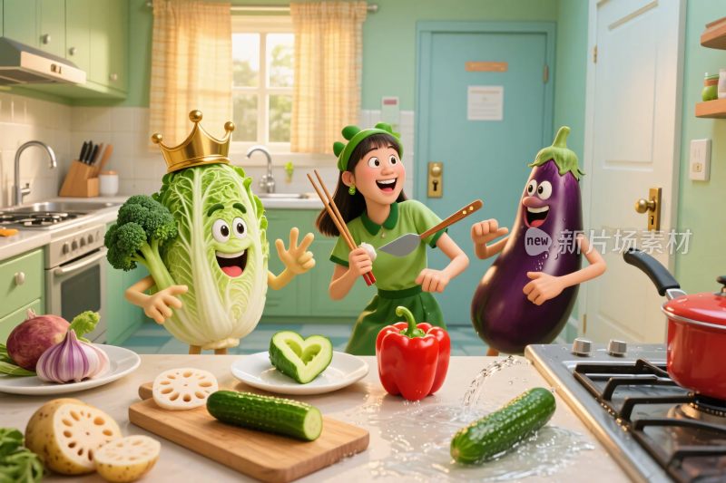 卡通蔬菜角色厨房互动场景