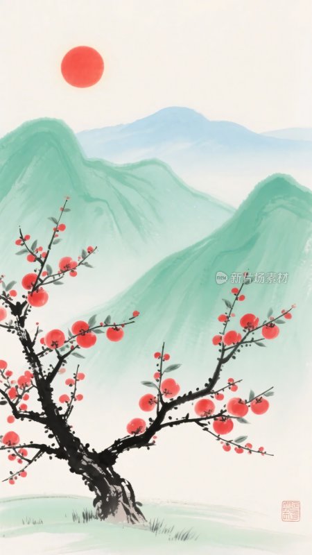 红梅映日山水图