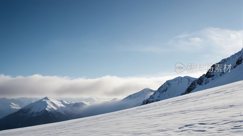 滑雪者雪山斜坡上蓝天