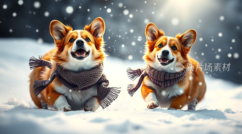 雪地中欢快的柯基犬