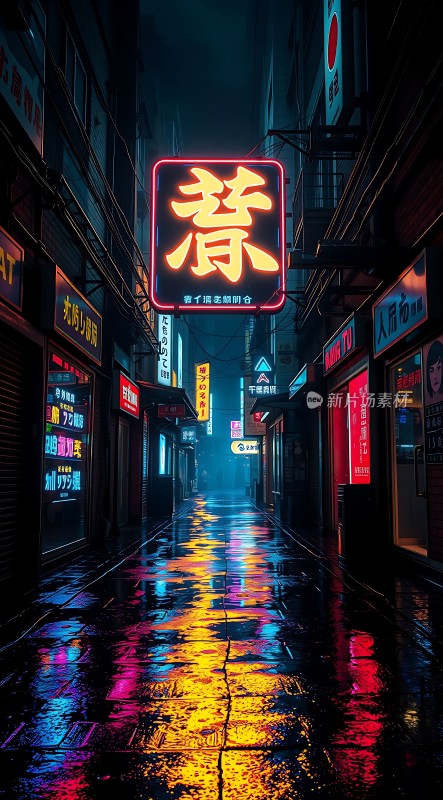霓虹灯下的雨夜街头