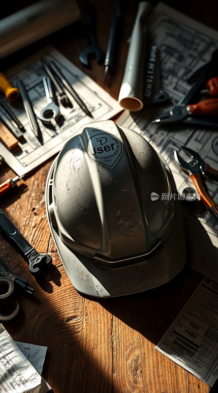 工具与图纸上的安全帽