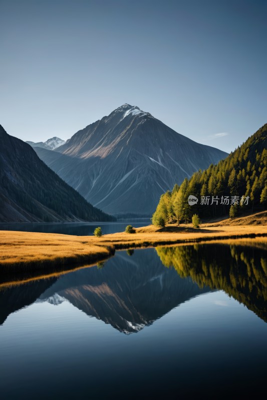 山倒映在湖中前景是几棵树高清图片