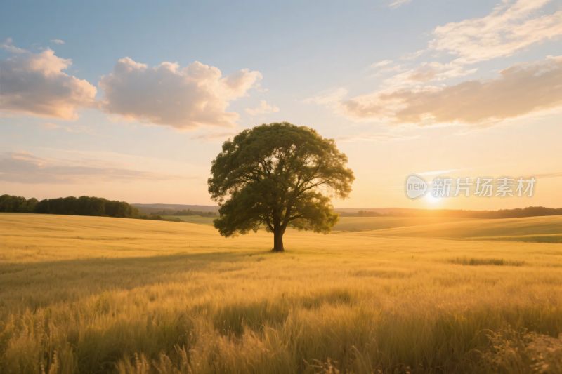 夕阳下的田野大树风景