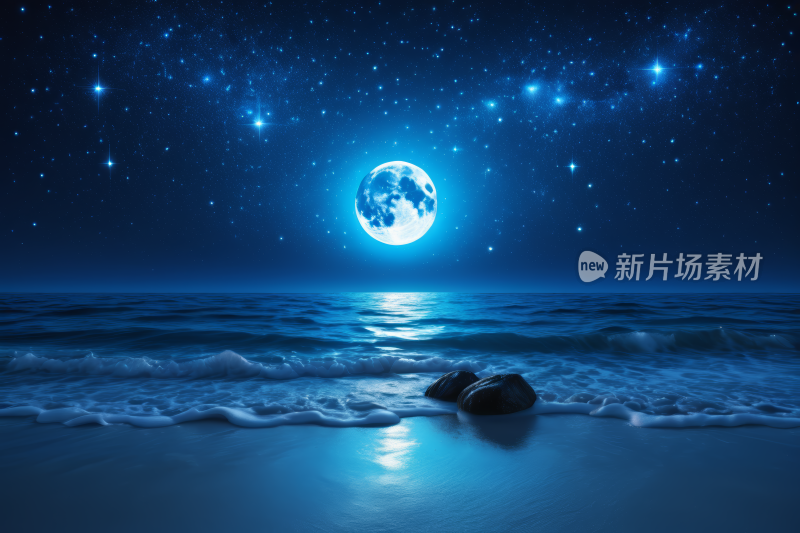 星空夜空满月星星飞过海洋高清背景图片