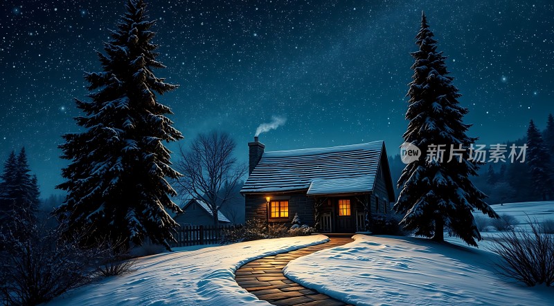 雪夜小屋星空下的温馨家园