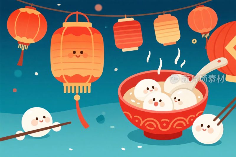 元宵节卡通灯笼汤圆插画