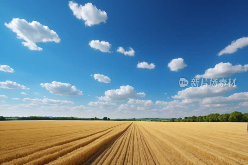 田野中央一辆拖拉机蓝天上有云高清风景图片