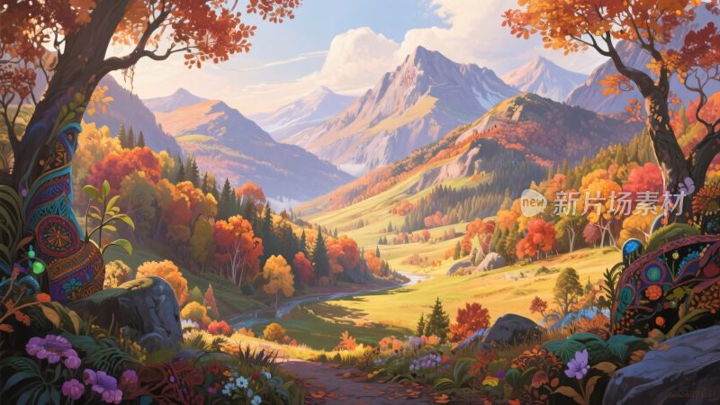 秋季山水风景插画