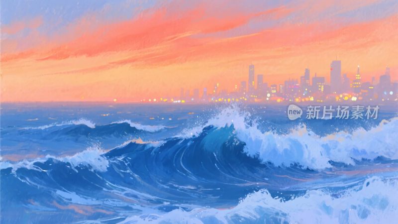 海边城市日落波浪景象