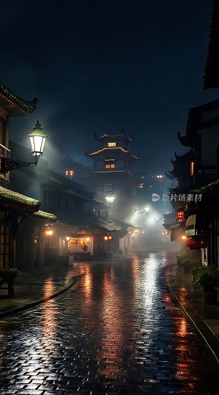 雨夜古街灯火阑珊映湿巷